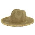 Detailed view of straw sun hat with frayed edge brim and woven texture in khaki - Khaki Solid