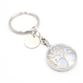 Zilveren Levensboom sleutelhanger met witte maansteen en ronde metalen bedel hanger - Opaal