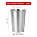 Single wall 450ml stainless steel cup in metal finish with dimensions labeled - 304 Single Layer Cup 450ml (Silver)