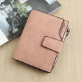 Pink matte short leather wallet for women with zipper closure and snap button detail - Deep Pink