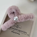 Plush pink claw clip with faux pearl accent, soft winter hair accessory on wooden box - Dusty Pink Large Pearl Claw Clip 13cm