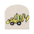 Close-up of beige knitted beanie featuring yellow excavator jacquard pattern for kids - M (52-54cm) / Beige