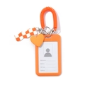 Bright orange card holder set with spiral wrist strap, heart charm and checkerboard pendant - Orange Card Sleeve + Checkerboard Pendant