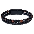 Detail of tiger eye and obsidian bead layers with black woven leather and magnetic clasp - 19cm / Glossy Black Bead and Tiger Eye (Style-3)