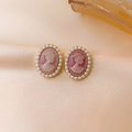 Vintage gold oval earrings with pink portrait cameo and small white pearls - 7# Silver Pin - Pink Portrait