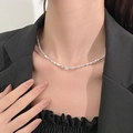 Silver beaded irregular nugget necklace with a square plate pendant worn on a woman - Broken Silver Square Plate Pendant Necklace (K-084) / Bright Silver