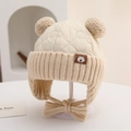 Gestrickte Baby-Mütze mit Bärenohren und Kunstpelzbommeln in Beige und Khaki - Kinder 3-8 Jahre Dehnbar / Kleiner Bär Beige