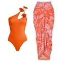 One-shoulder orange cutout swimsuit with 3D floral accents and tropical sarong wrap - S / One Shoulder One Piece Set