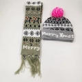 Grey knitted Christmas hat and scarf set with reindeer pattern and glowing LED lights - Set 10 (Grey White Black Reindeer)