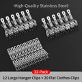 Set of 32 stainless steel clothes clips including 12 large hook clips and 20 flat clips - Clothes Clips Combo - 32PCS (12Hanger+20Flat)