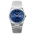 Slim waterproof men's silver quartz watch with a deep blue sunburst dial and date display - Silver Band Blue Dial
