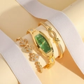 Golden watch set with green dial quartz watch, heart bracelet and leopard bangle - Gold Green Rhinestone Watch Bracelet Bangle Combination (Bow Gift Box)