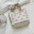 Detail of lace trim and pink bow print on canvas tote bag with magnetic snap closure - Pink Base Handheld Style (Bowknot Colorblock)