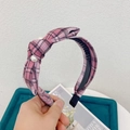 Pink houndstooth knotted headband with pearl accents on an elegant wide fabric band - Pink Gingham Bow / Pink