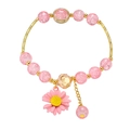 Pink crackle bead bracelet with gold accents and daisy charm for girls - Metal Half Ring Daisy Style / Rose Red