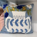 Blue cushion cover with elegant floral embroidery and a white 3D textured vase design - Russian Vase Blue (Cover Only)