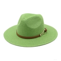 Detailed shot of green woven straw fedora hat with brown leather band and gold buckle - M (56-58cm) / Grass Green