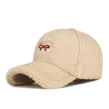 Beige teddy fleece baseball cap with red bow heart embroidery for winter warmth - One Size (Adjustable) / Beige