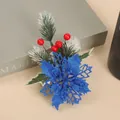 Christmas DIY ornament with blue glitter poinsettia, red berries and snowy pine needles - Lake Blue