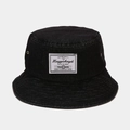 Dettaglio cappello pescatore in denim nero lavato con etichetta retrò e occhielli - M (56-58cm) / Nero