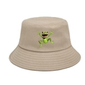 Khaki canvas bucket hat with green cartoon frog print for outdoor sun protection - M (56-58cm) / Khaki