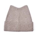 Close-up of ribbed knit cat ear beanie in beige featuring textured weave detail - Khaki