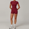 Slim fit burgundy yoga set with high waist compression shorts and short sleeve top - S / Top And Bottom / Short Sleeve + Shorts / Cherry Red