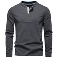 Close-up of three-button placket and textured dark grey knit on a men's Henley shirt - S / Dark Gray