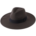 Classic dark coffee wool fedora hat with wide brim and black grosgrain ribbon band - One Size 58cm Circumference / Green