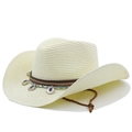 Detail of western straw hat featuring turquoise beads and vintage metal ornaments - Cream