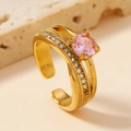 Adjustable gold plated ring with round pink gemstone and clear zircon accents - 8 / Pink (Micro-set with Zirconia)