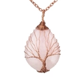 Pink quartz water drop pendant necklace with copper wire wrap tree of life design - Rose Quartz Bronze