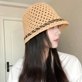 Detail side view of a khaki crochet bucket hat with black wavy trim on a female model - L (54cm-58cm) / Coffee Hollow Lace