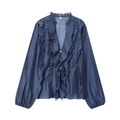Women's V-neck long sleeve chiffon blouse in navy blue with elegant ruffled layer details - XS / Blue