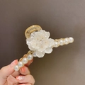 Detail of floral hair claw clip with white flower, pearls and gold beads accents - Single Flower Claw