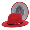Detail view of red fedora hat with black leather band, gold buckle and grey lining - Red + Light Grey