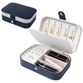 Portable navy blue leather jewelry travel case with organized white velvet interior - 16x11x5cm / Blue and White Patchwork