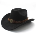Dettaglio di cappello da cowboy con fascia intrecciata marrone ed emblema a stella - M (56-59cm) / Nero (Camoscio)