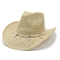 Sombrero de paja estilo cowboy con perlas para protección solar y playa en verano - M (56-58cm) / Beige