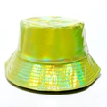 Macro detail of sewing lines on neon laser bucket hat with shiny metallic texture - Green