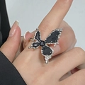 Gothic oversized butterfly ring with black enamel wings and silver textured edges - Gothic Butterfly Ring (K9429)