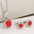 Silver stainless steel jewelry set with round red birthstone pendant and earrings - Steel Color + Red Zirconia