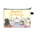 Beige canvas pouch with cartoon cats and Happy Birthday cake illustration - Beige Cartoon Cat Style (31)