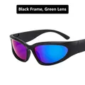 Futuristic Y2K steampunk sports sunglasses with matte black frame and green-purple gradient lens - Black Frame Green Mirror