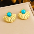 Detailed close-up of gold plated fan-shaped earrings inlaid with turquoise stones - Fan-shaped Turquoise Stud Earrings (E6207)