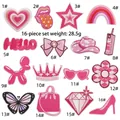 Detailliertes Set mit 16 rosa Stickpatches inklusive Herzen, Schleifen und High Heels - Rosa Patches 16er-Set