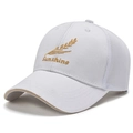 White mesh baseball cap with golden wheat embroidery and Sunshine text in a 45-degree view - White
