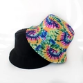 Detail of vintage starry print and tie-dye reversible bucket hat for sun protection - Dense Multi-Color Tie Dye