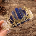 Handmade golden crescent moon crown featuring blue stones and clear quartz crystals - Lapis Lazuli+No.3 Crystal+Gold Branch+Gold Moon