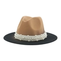 Two-tone wool fedora hat in camel and black with luxury pearl band decoration - M(56-58cm) / Camel & Black